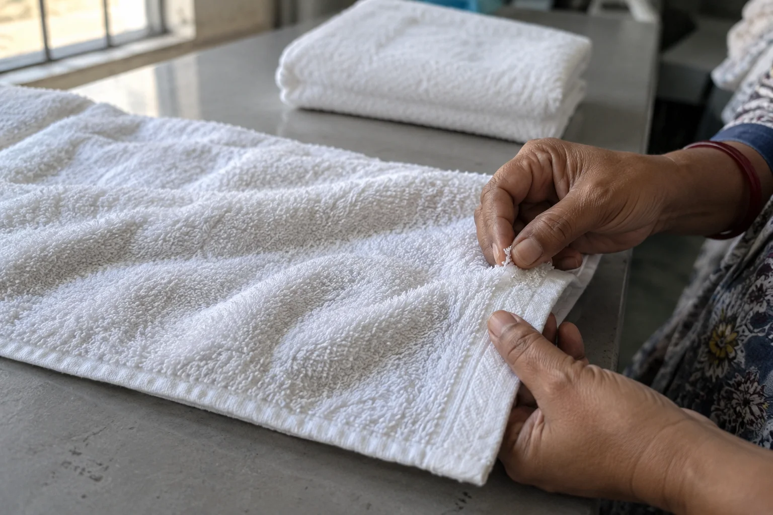 close-up check of a cotton towel hem and terry loops