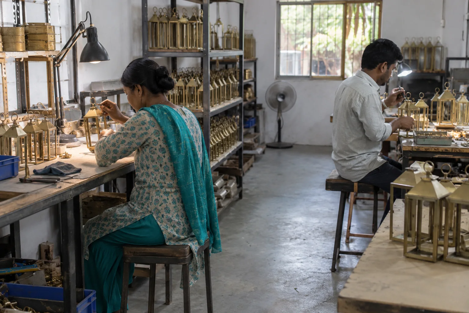view of manual metal homeware assembly stations in a modest workshop