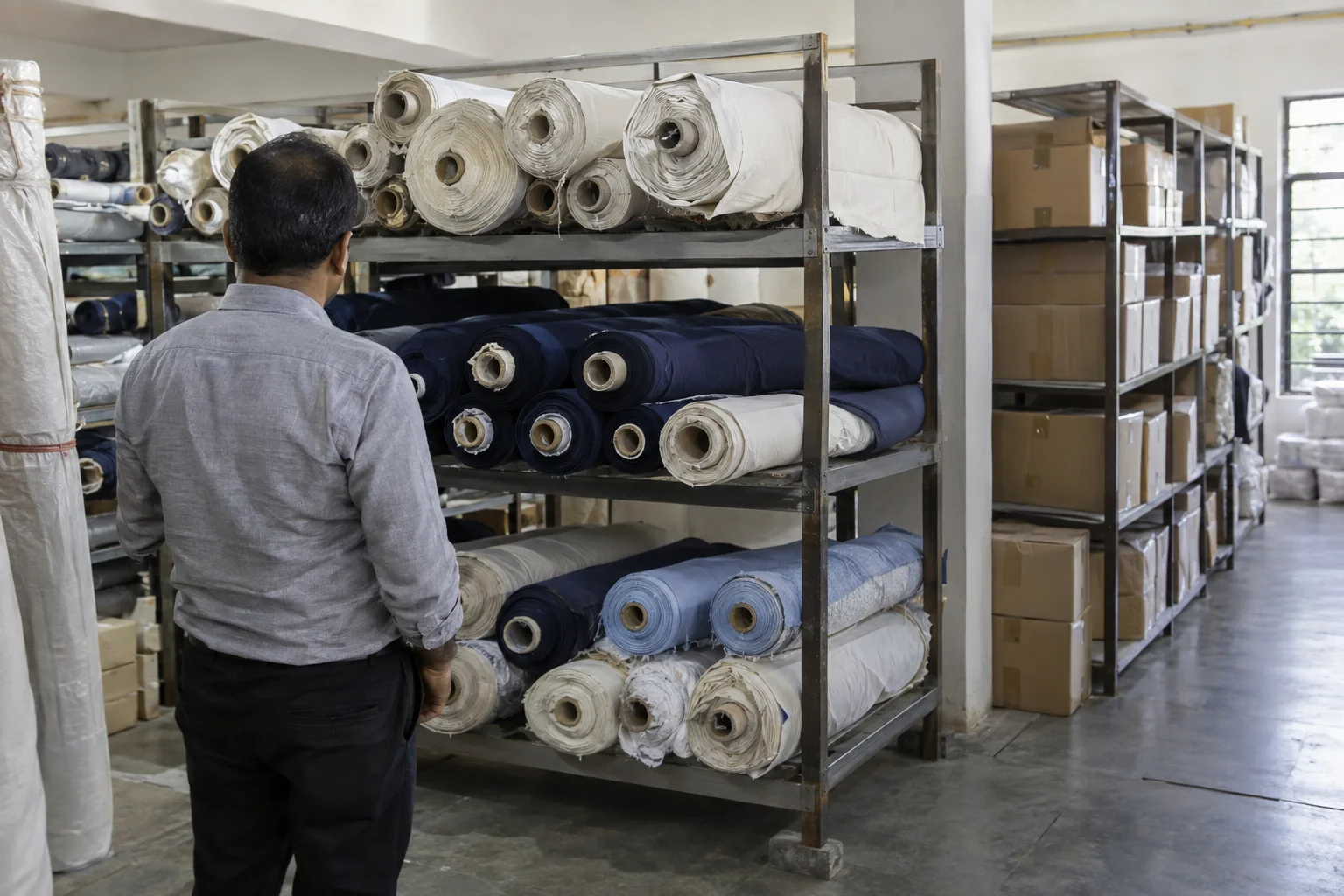 auditor observing fabric rolls stored on racks in a garment factory