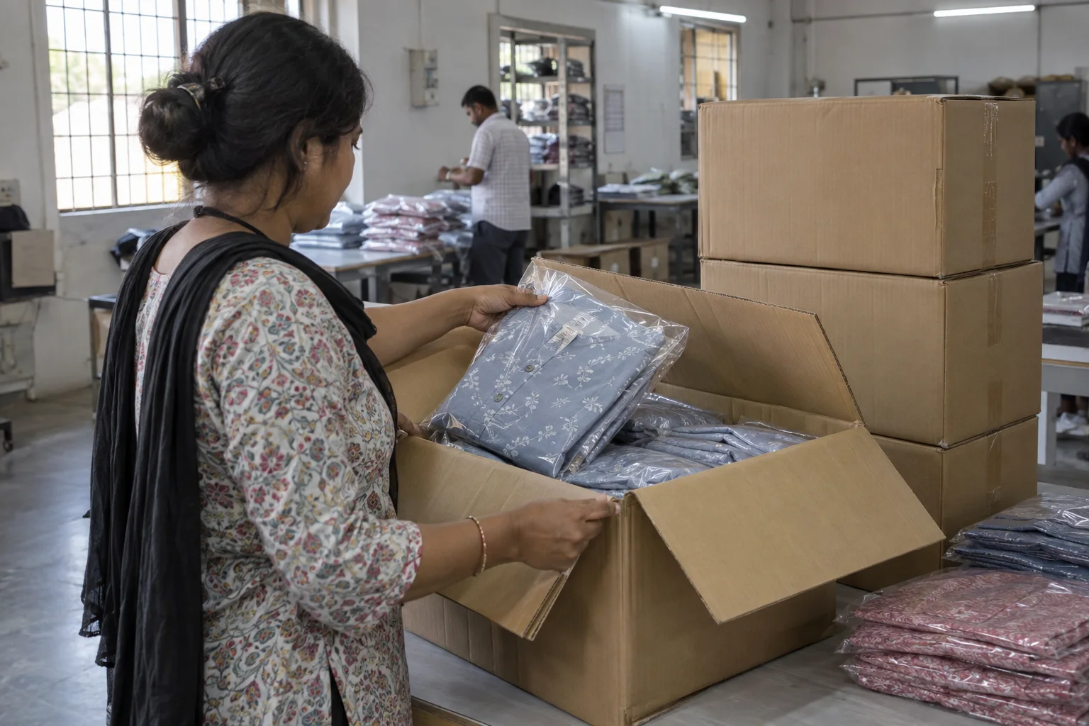 coordinator checking folded cotton garments in an open export carton