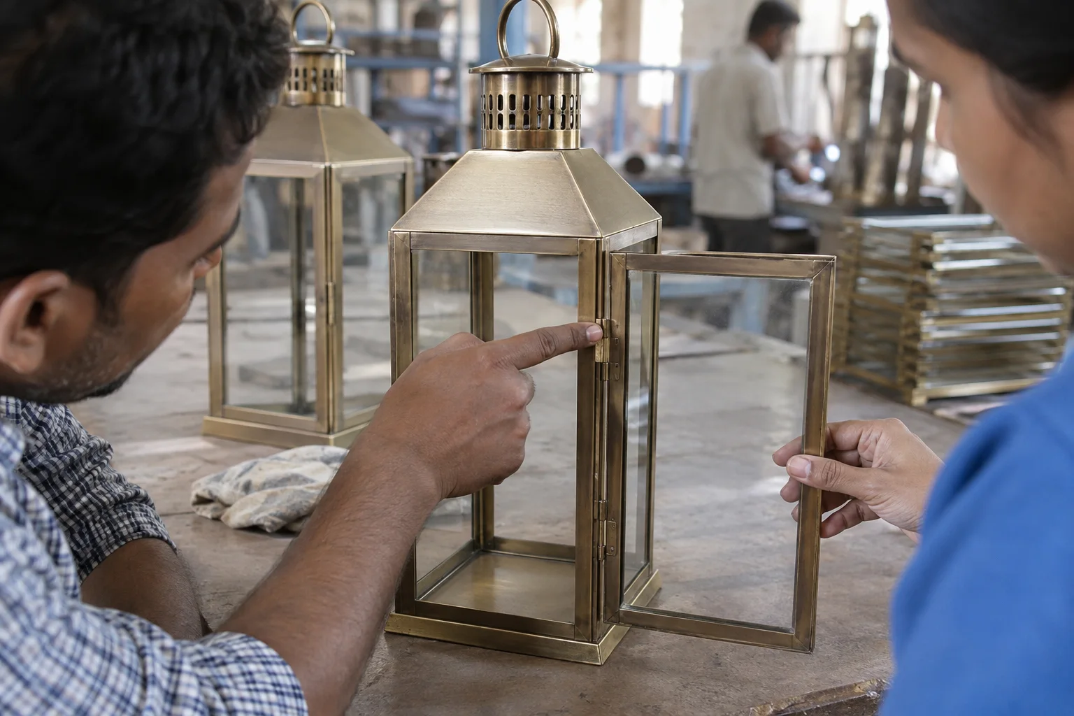 discussion of hinge alignment on a manufactured antique-style metal lantern