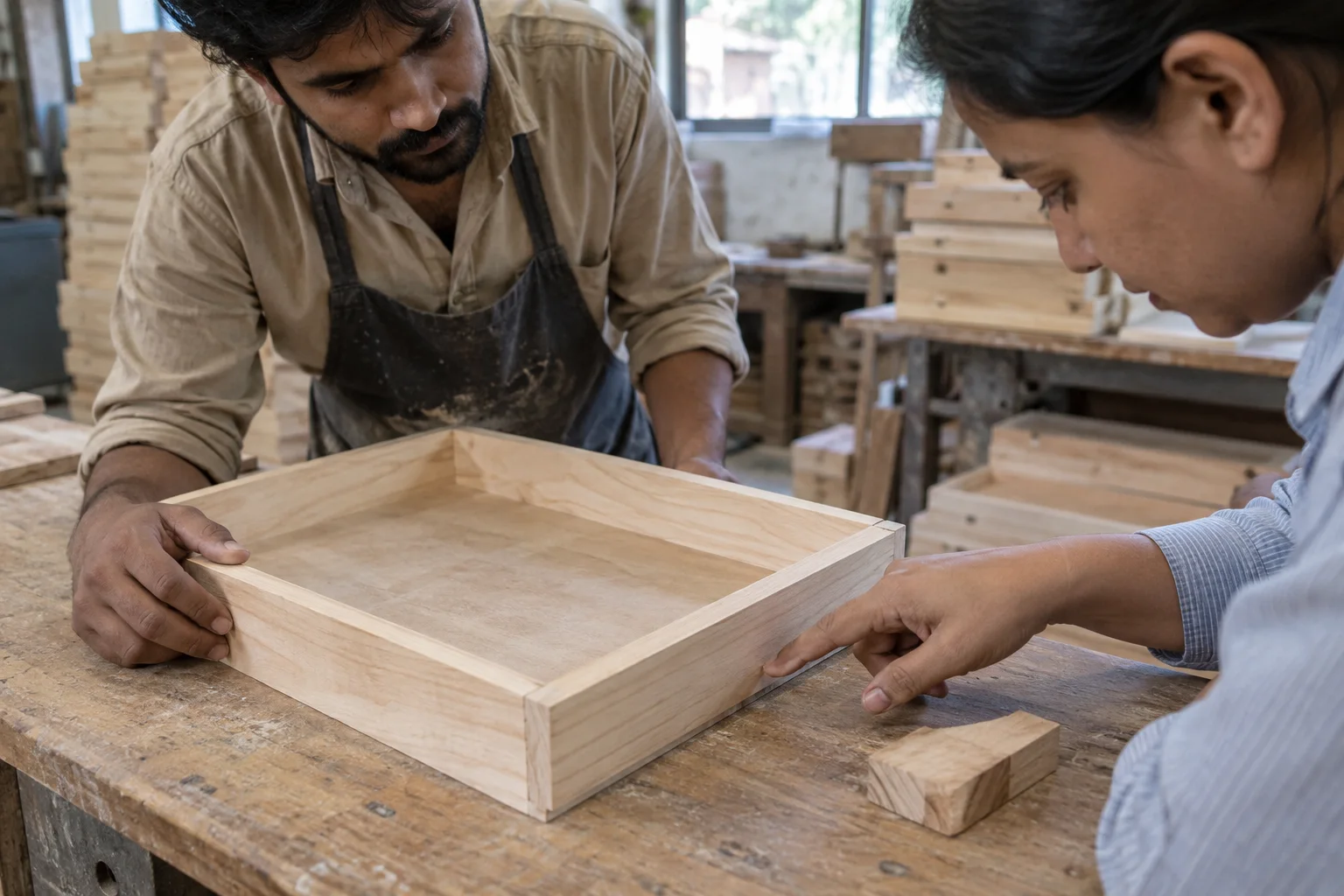 review of a wooden tray corner joint at a workshop bench