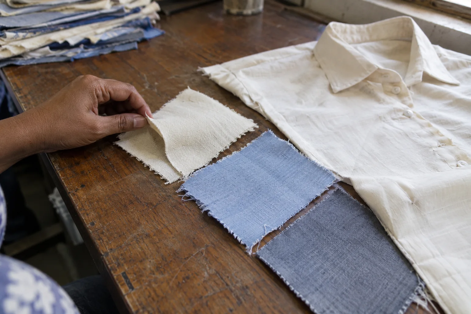 comparison of cotton fabric swatches beside a shirt sample