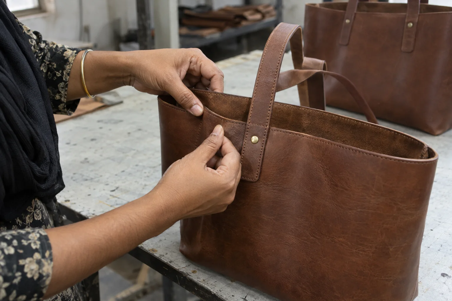 strap attachment and stitch review on a plain leather tote bag