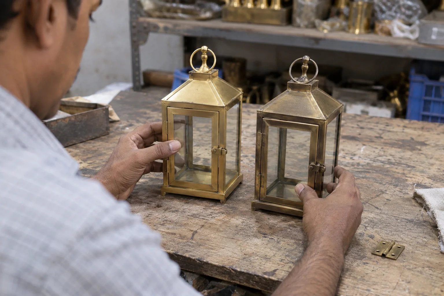 comparison of two newly manufactured antique-style metal lantern samples