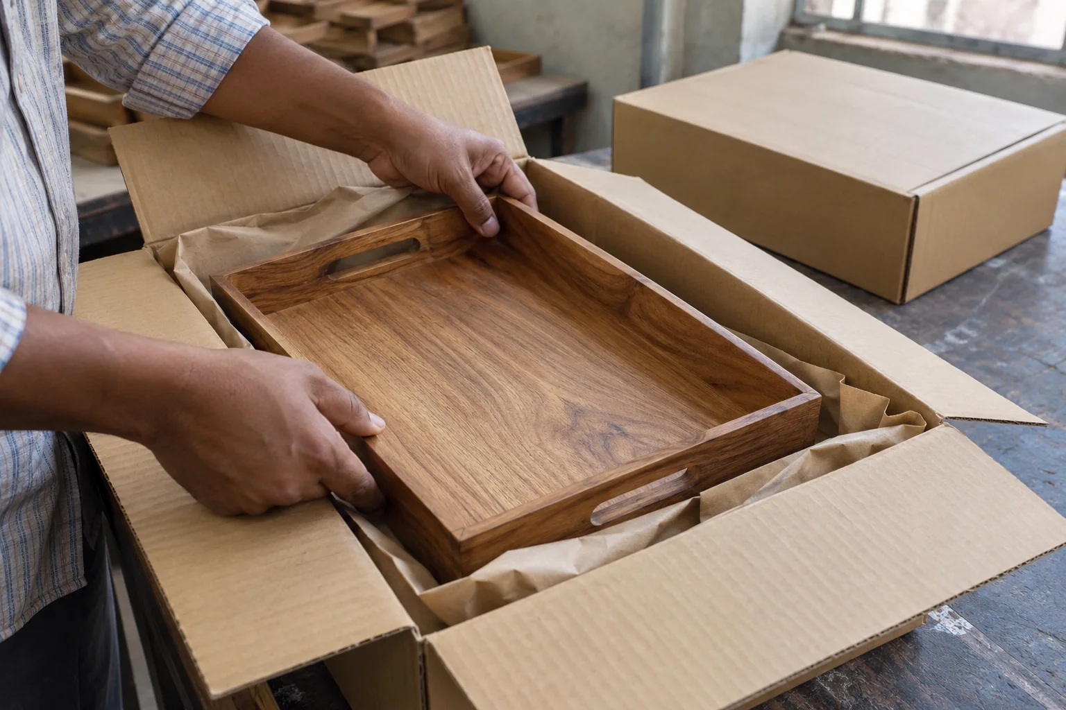 placement of a wooden tray into a carton with kraft protective paper