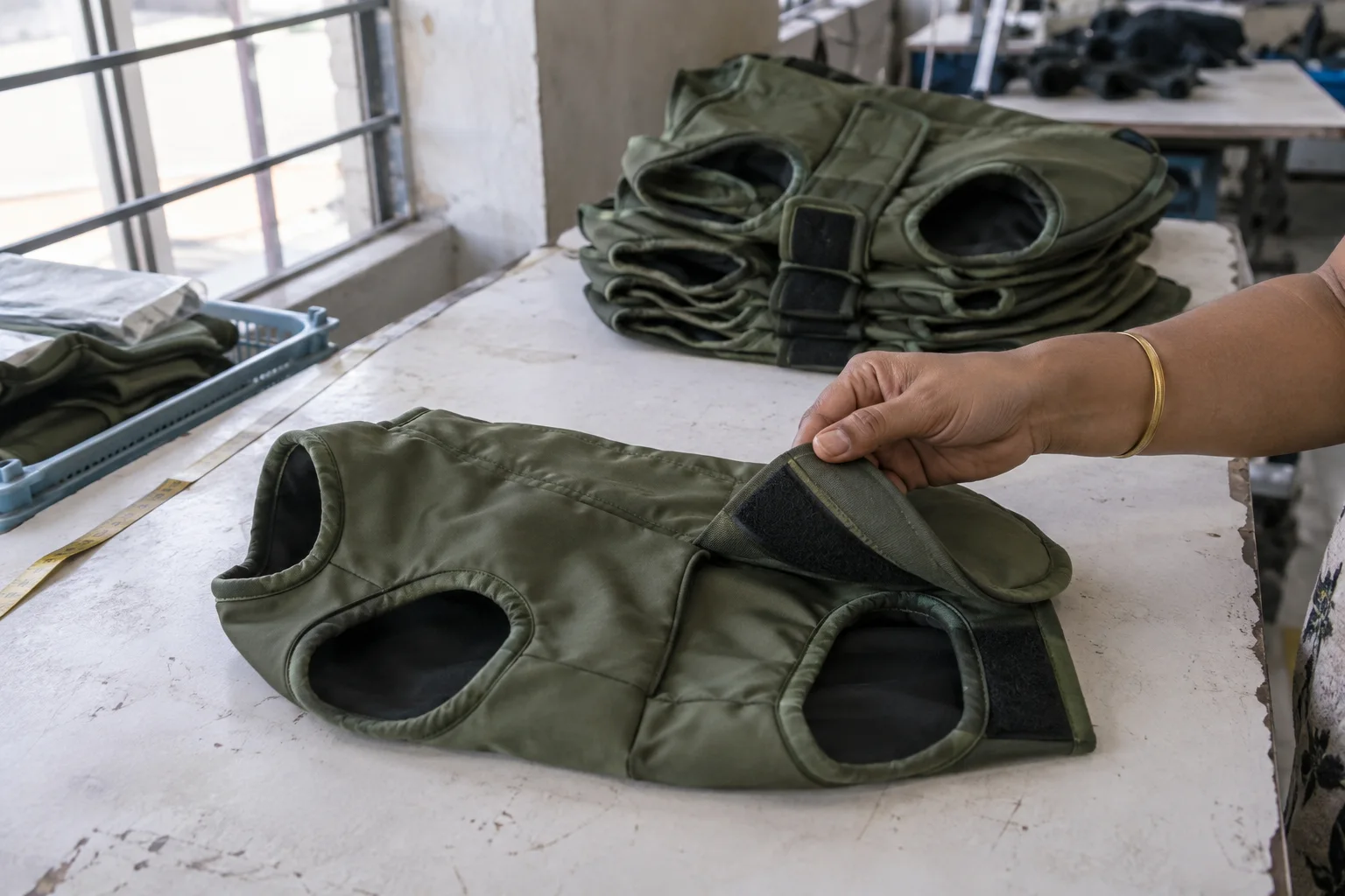 seam and closure check on a small dog jacket