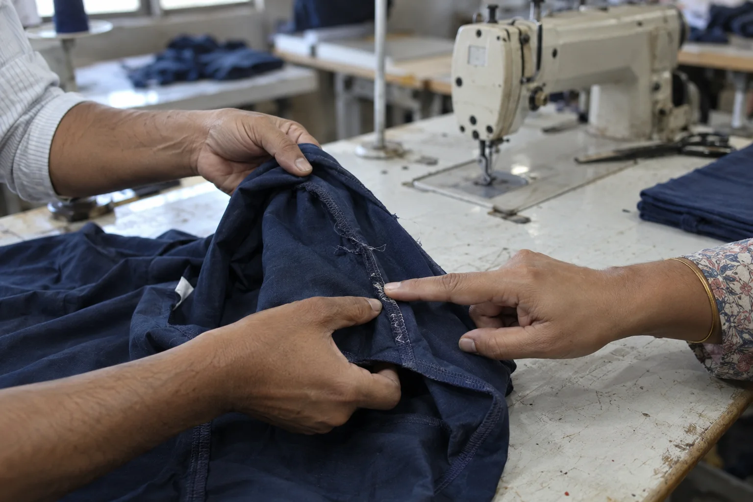 review of the inside seam of a cotton garment at a sewing worktable
