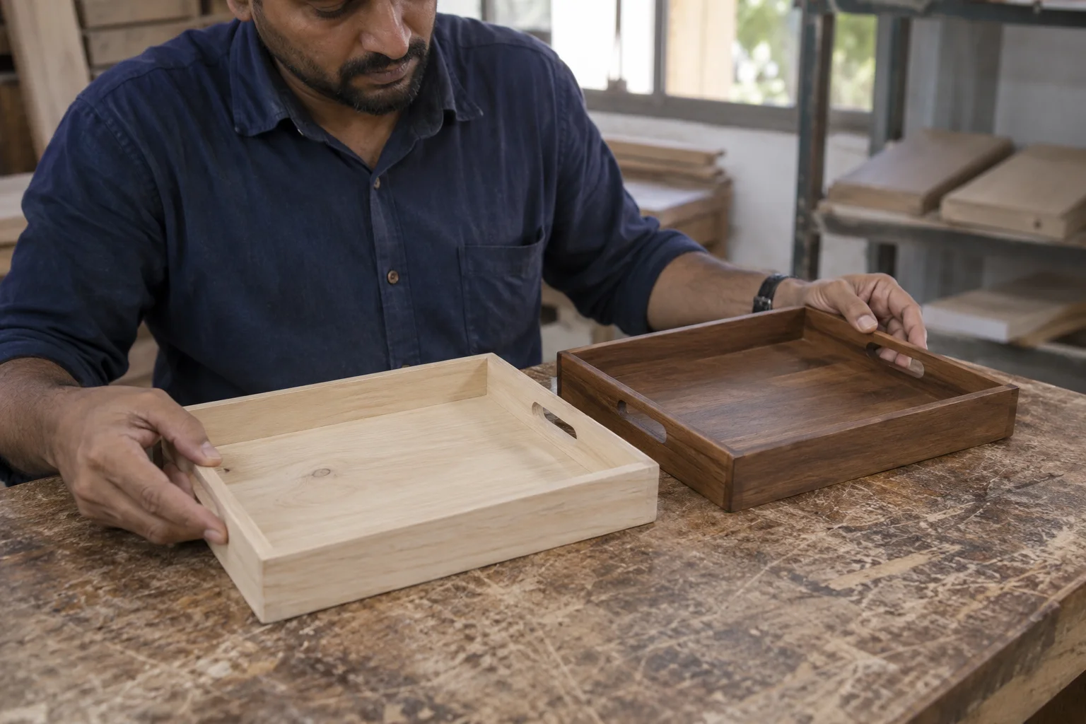 comparison of natural and stained finishes on two manufactured wooden tray samples