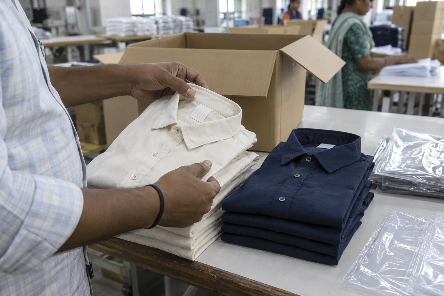 packing-stage review of folded cream and navy cotton shirt variants