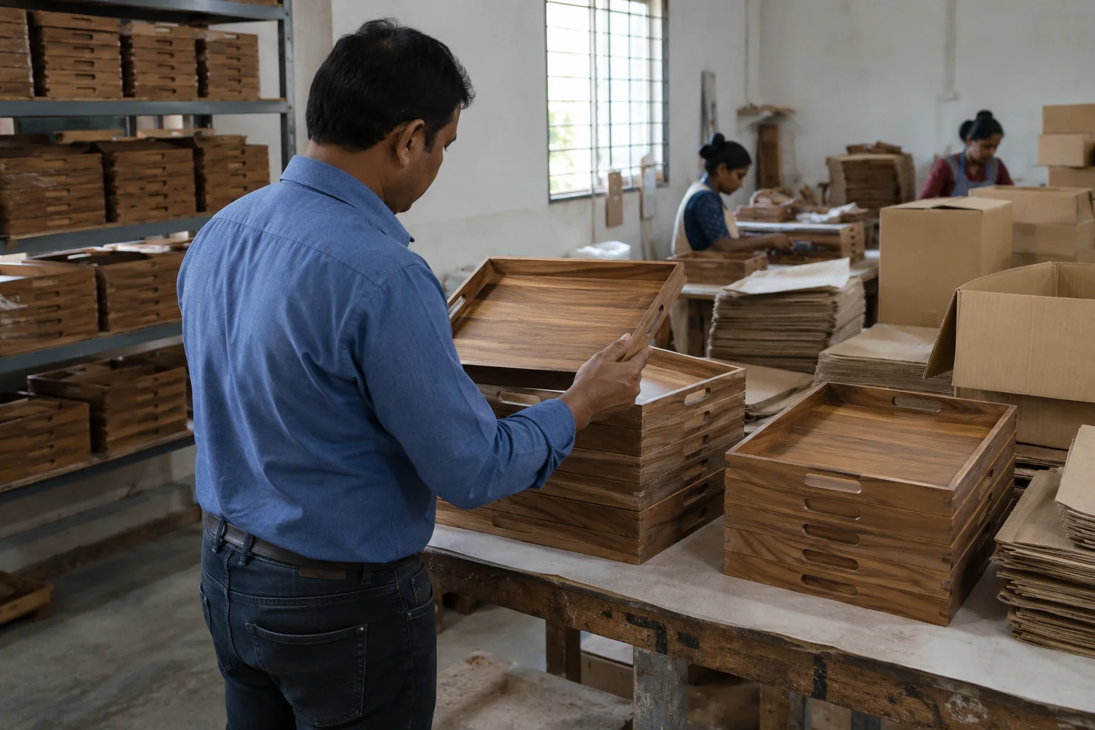coordinator reviewing a stack of finished wooden trays before packing