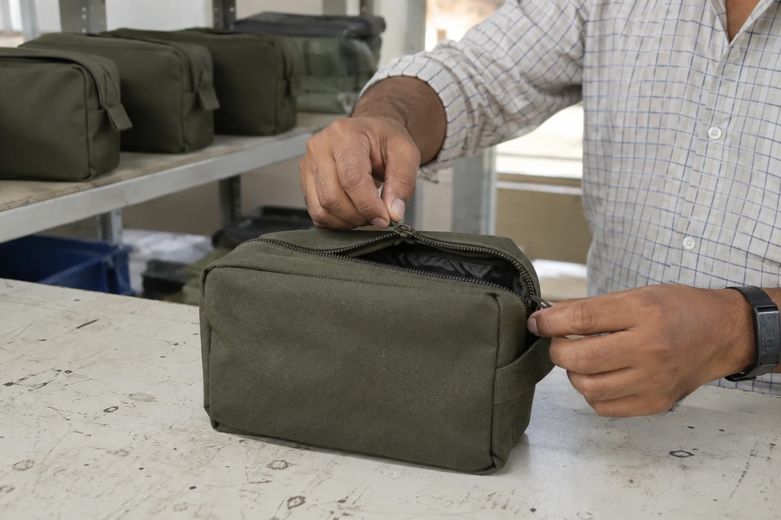 zipper operation check on a textile outdoor utility pouch