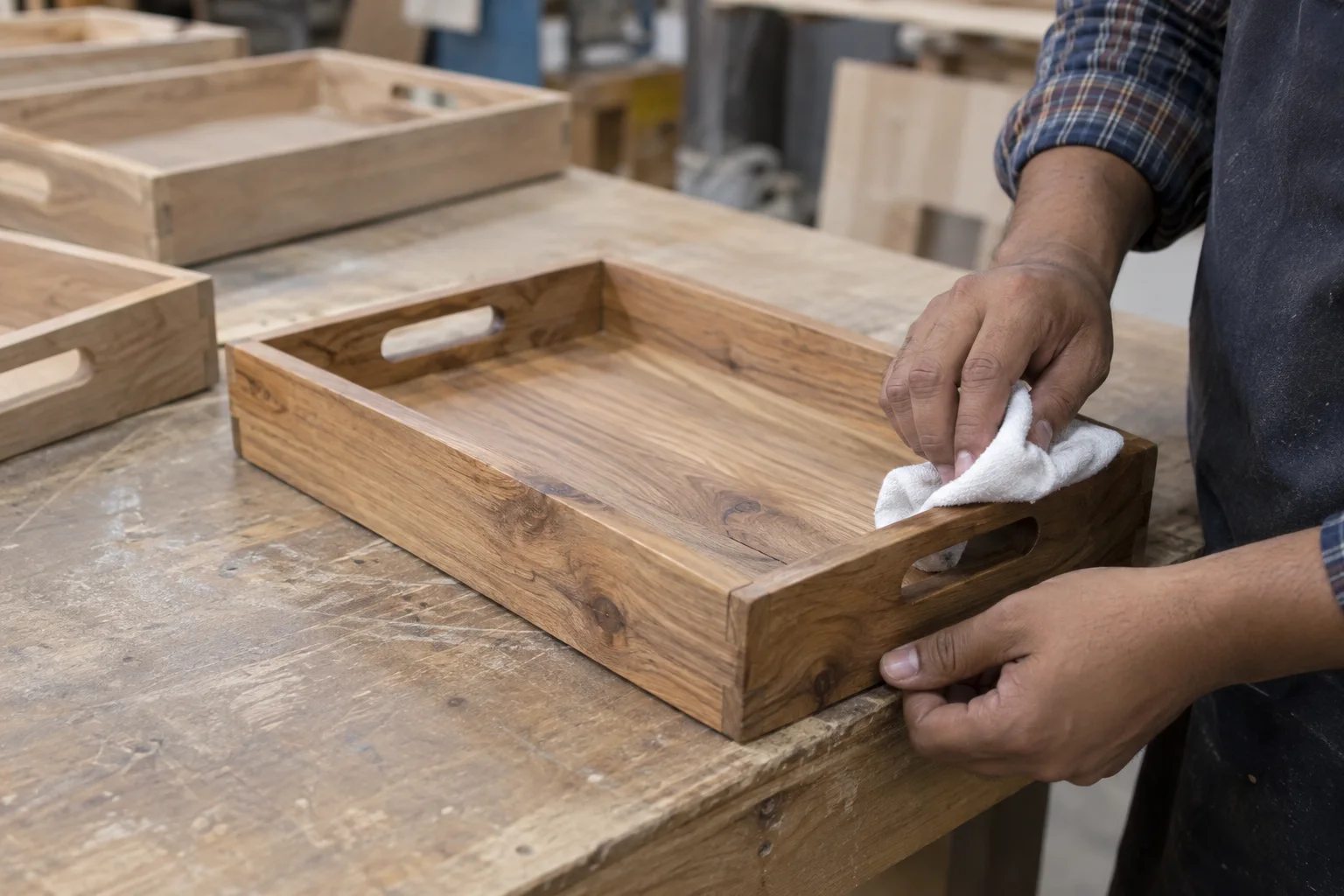 surface and corner finish check on a newly manufactured wooden tray