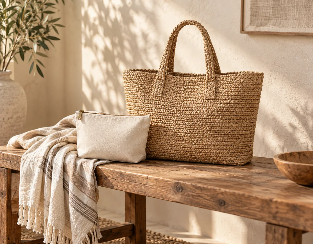 Woven natural-fibre tote with canvas pouch and cotton scarf