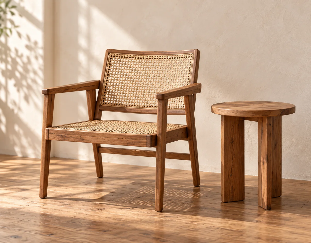Wooden accent chair and matching side table in warm natural light