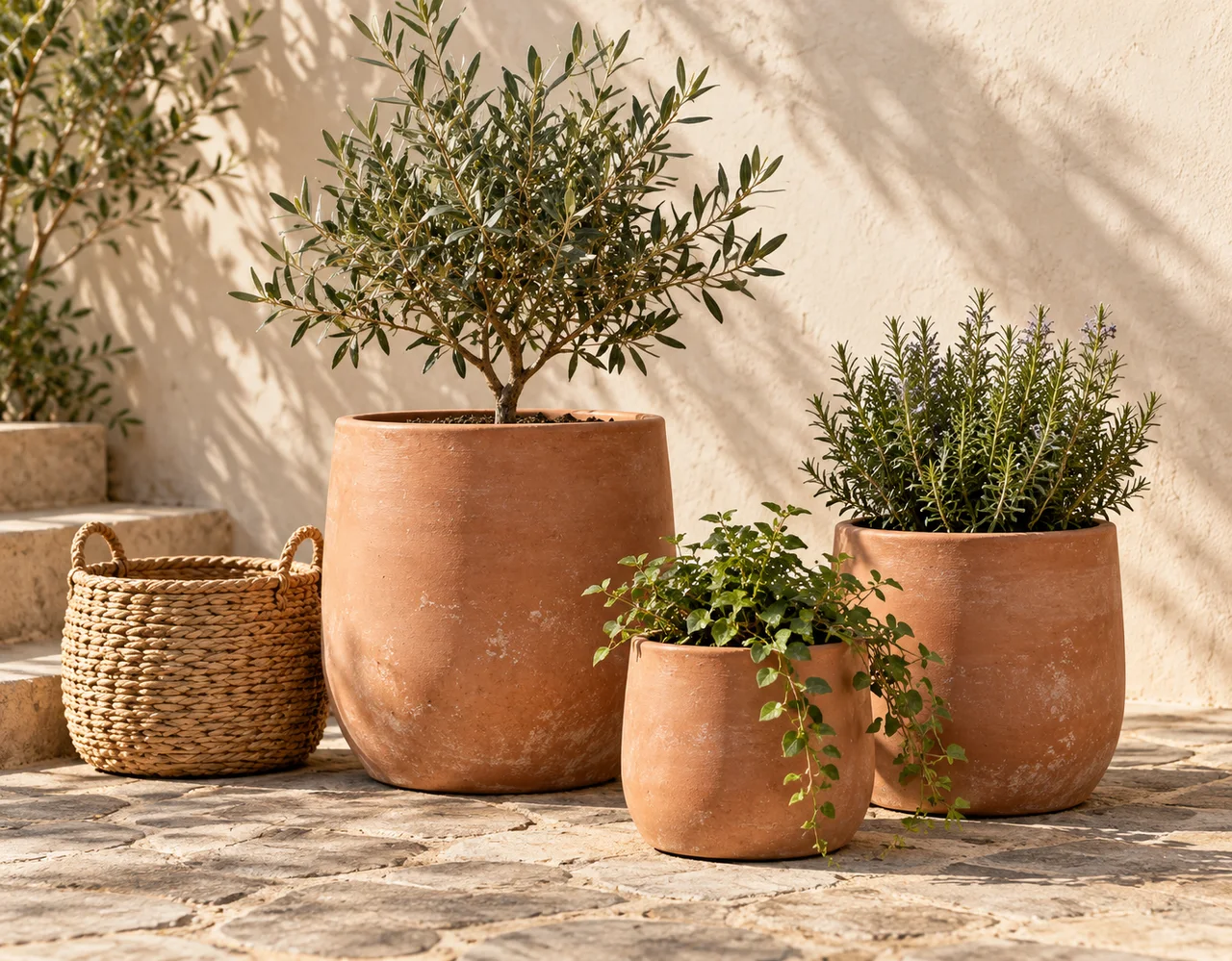 Terracotta planters and woven garden basket on sunlit patio