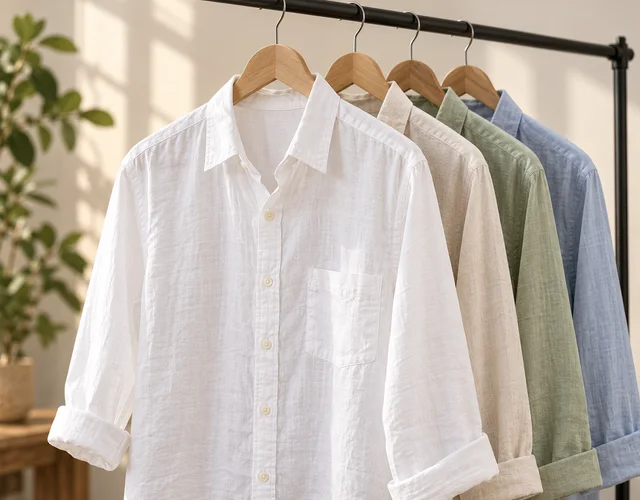 White and neutral cotton shirts on wooden hangers