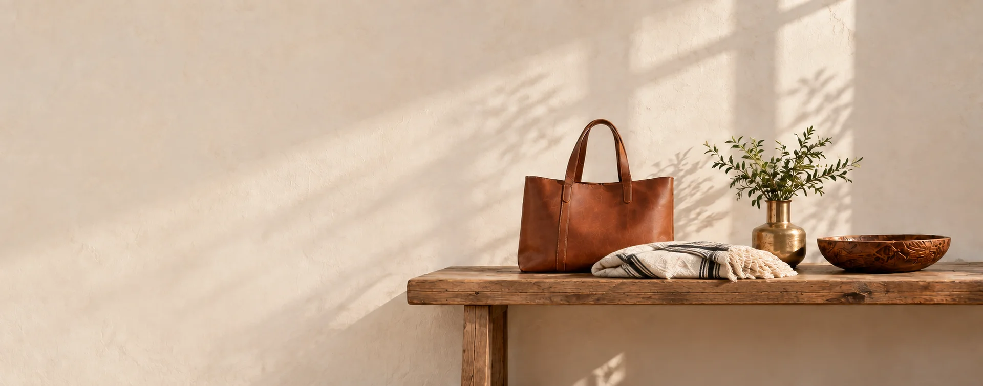 Leather tote, cotton throw, brass vase and wooden bowl