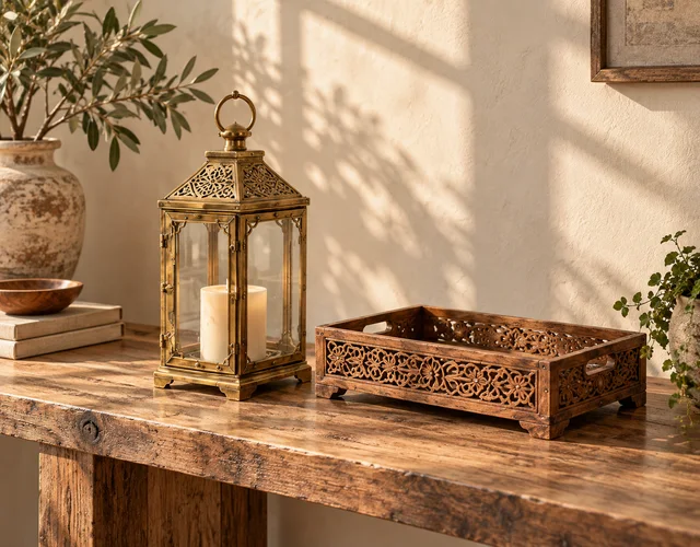 Newly manufactured brass lantern beside a carved wooden tray