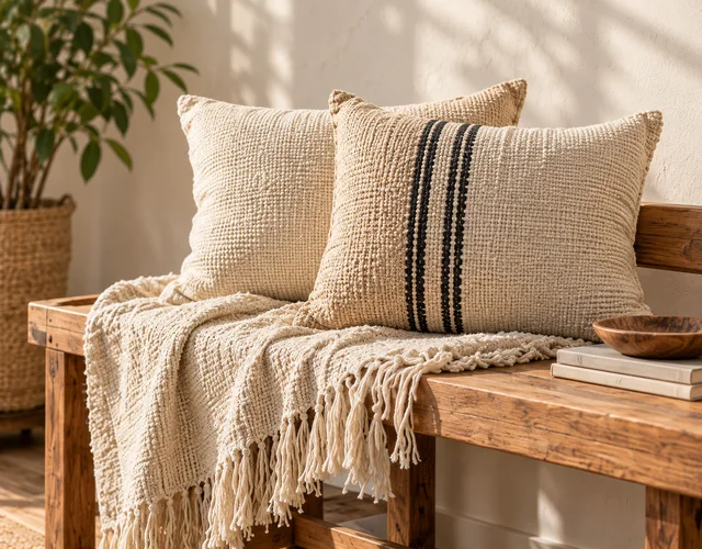 Cream woven cushions and a fringed throw on a wooden bench