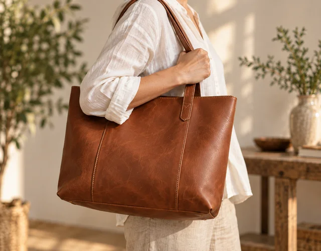Person in a white cotton shirt carrying an unbranded cognac leather tote