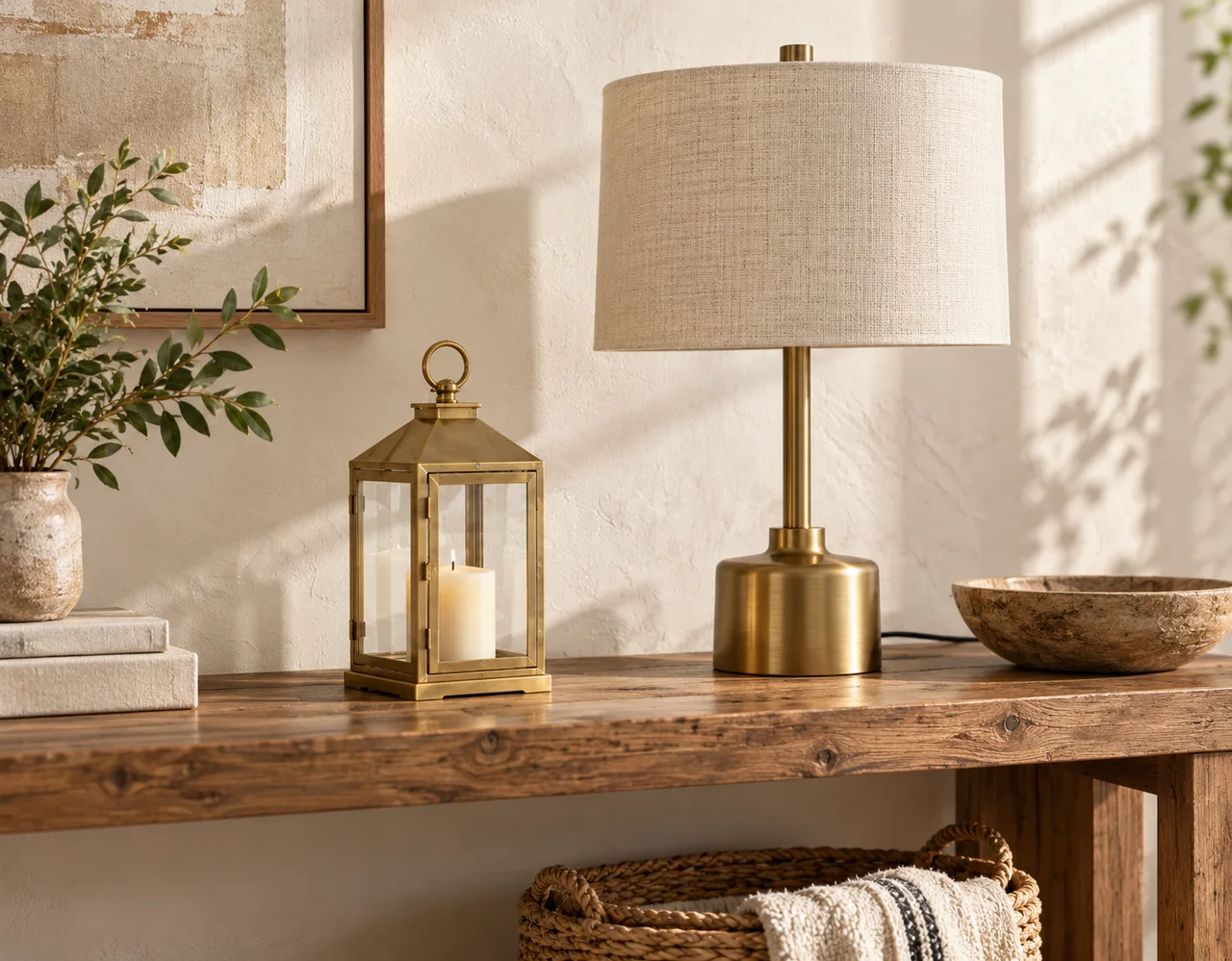 Brushed brass decorative lantern and plain table lamp in warm interior