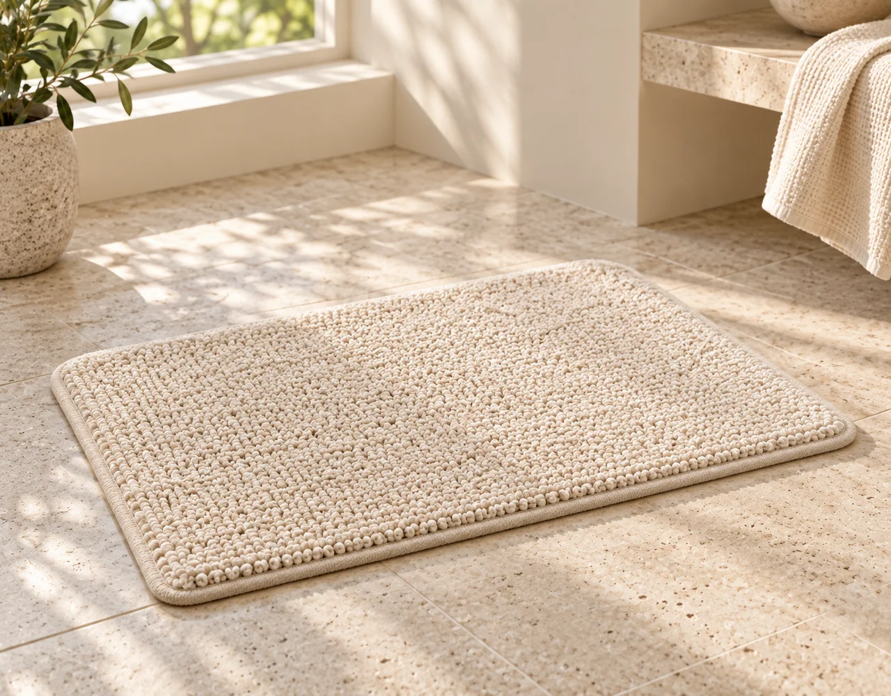 Bath mats in a warm neutral editorial setting