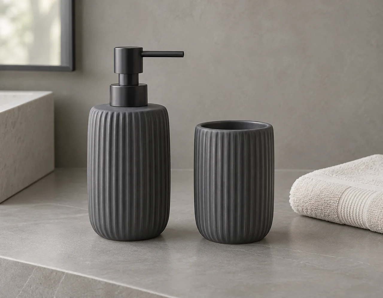 Charcoal ribbed soap dispenser and open tumbler beside an ivory towel