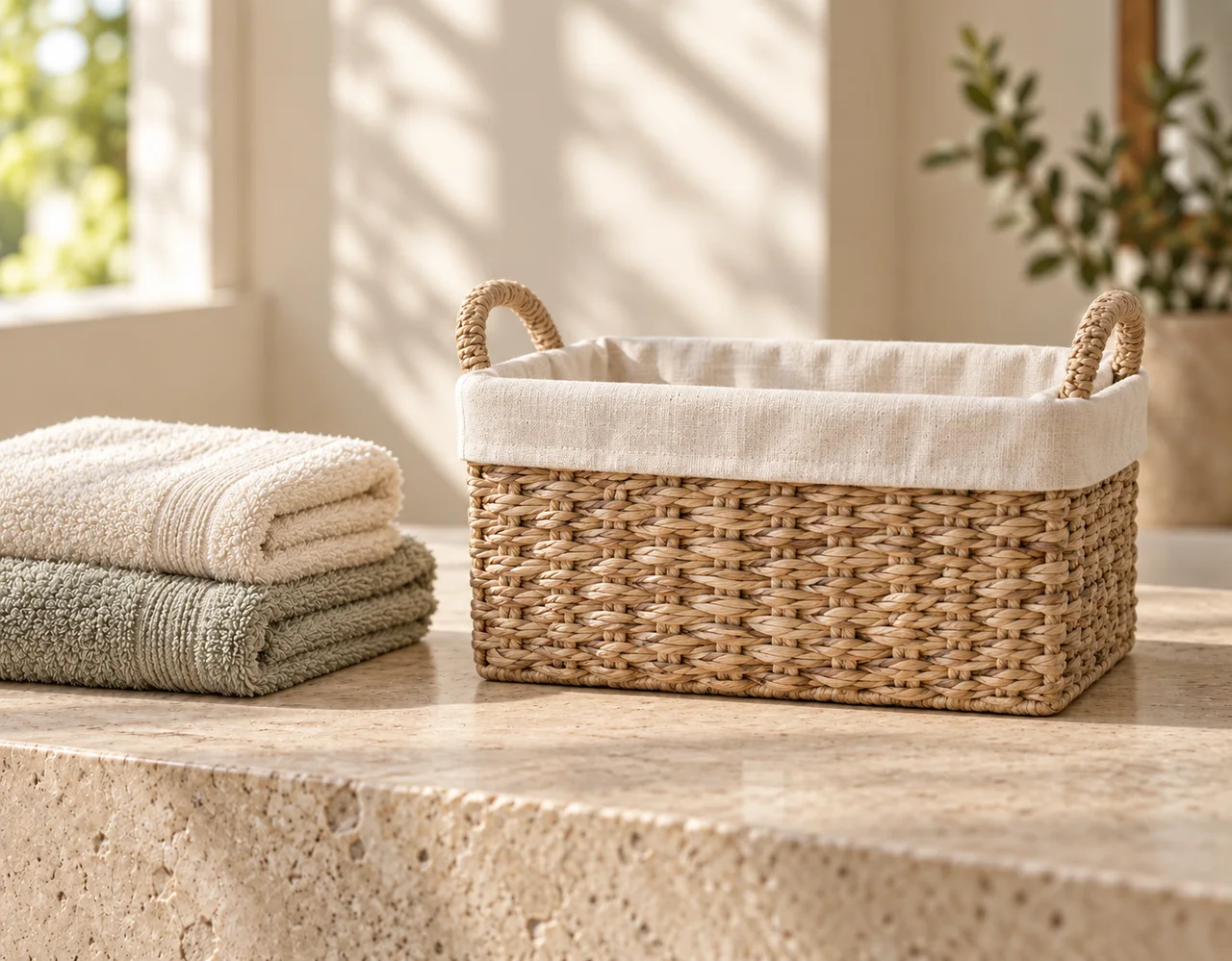 Woven storage basket with a fabric liner beside folded cream and sage towels