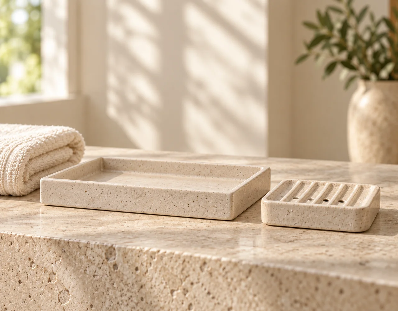 Ivory bathroom tray beside a ribbed soap dish with drainage details