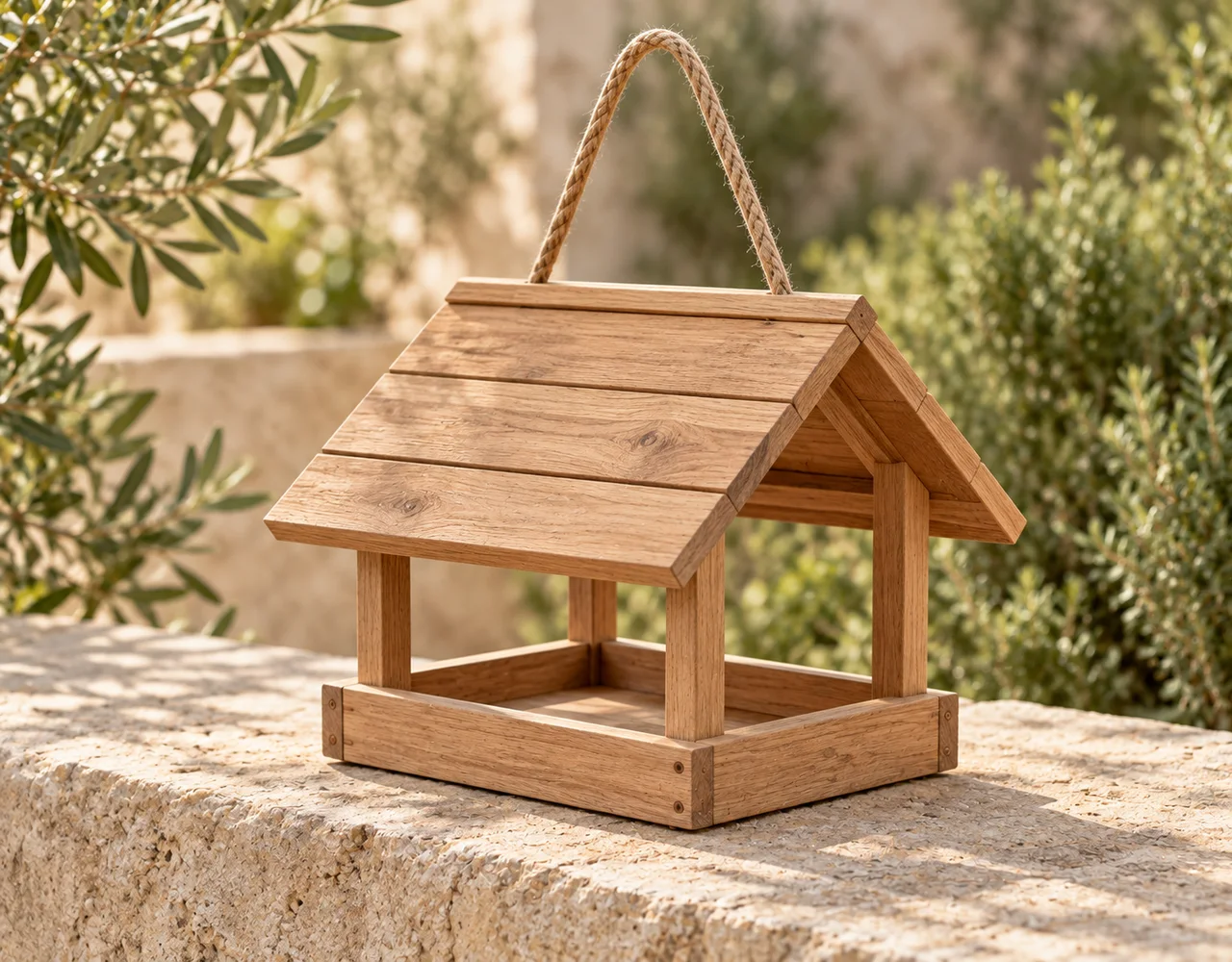Decorative bird feeders in a warm neutral editorial setting