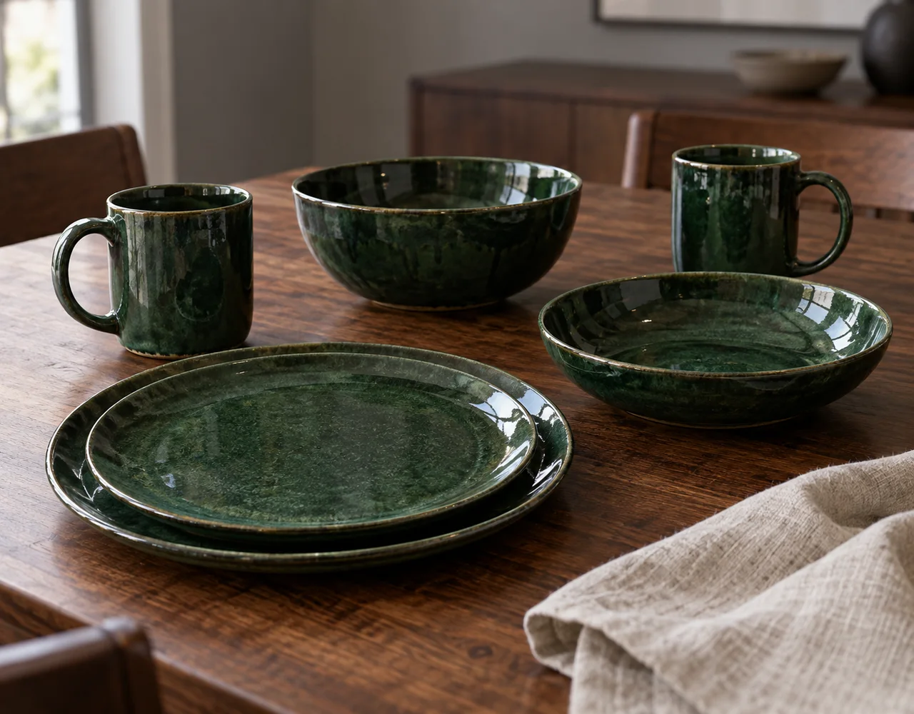 Forest-green glazed ceramic plates, bowls and mugs on a wooden dining table