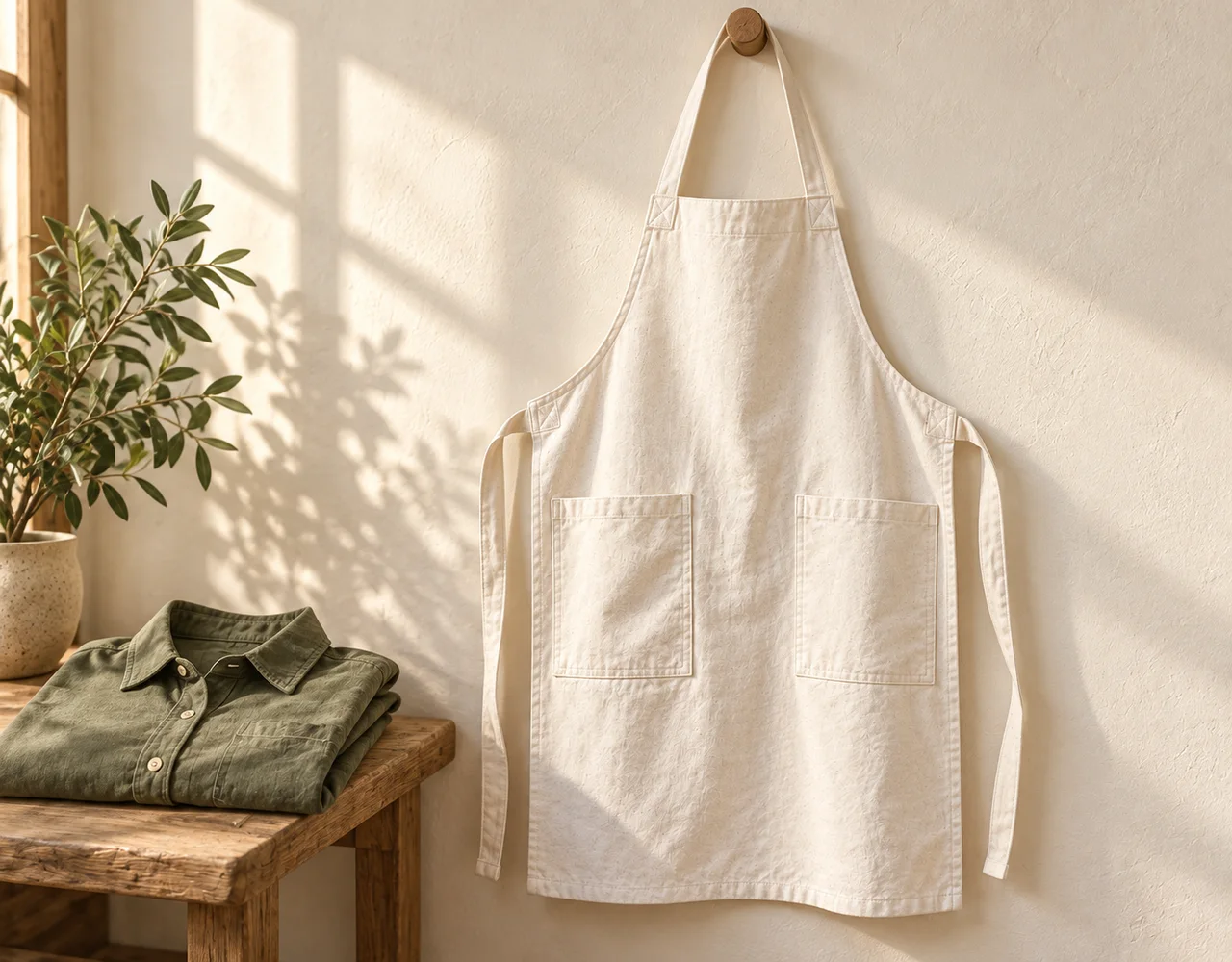 Cream fabric apron with utility pockets beside a folded olive workwear shirt