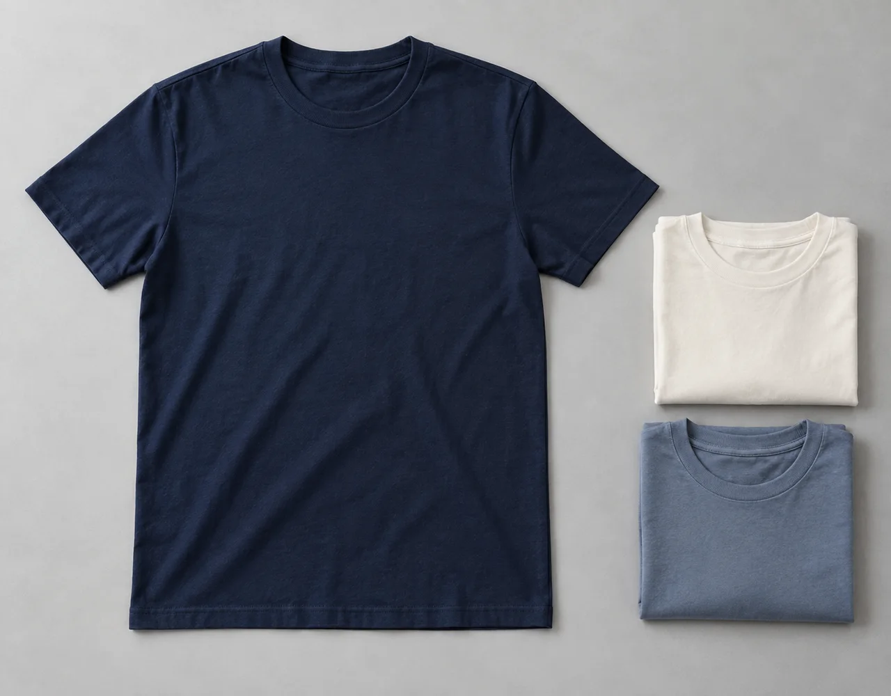 Navy crew-neck T-shirt laid flat beside folded ivory and slate-blue basics