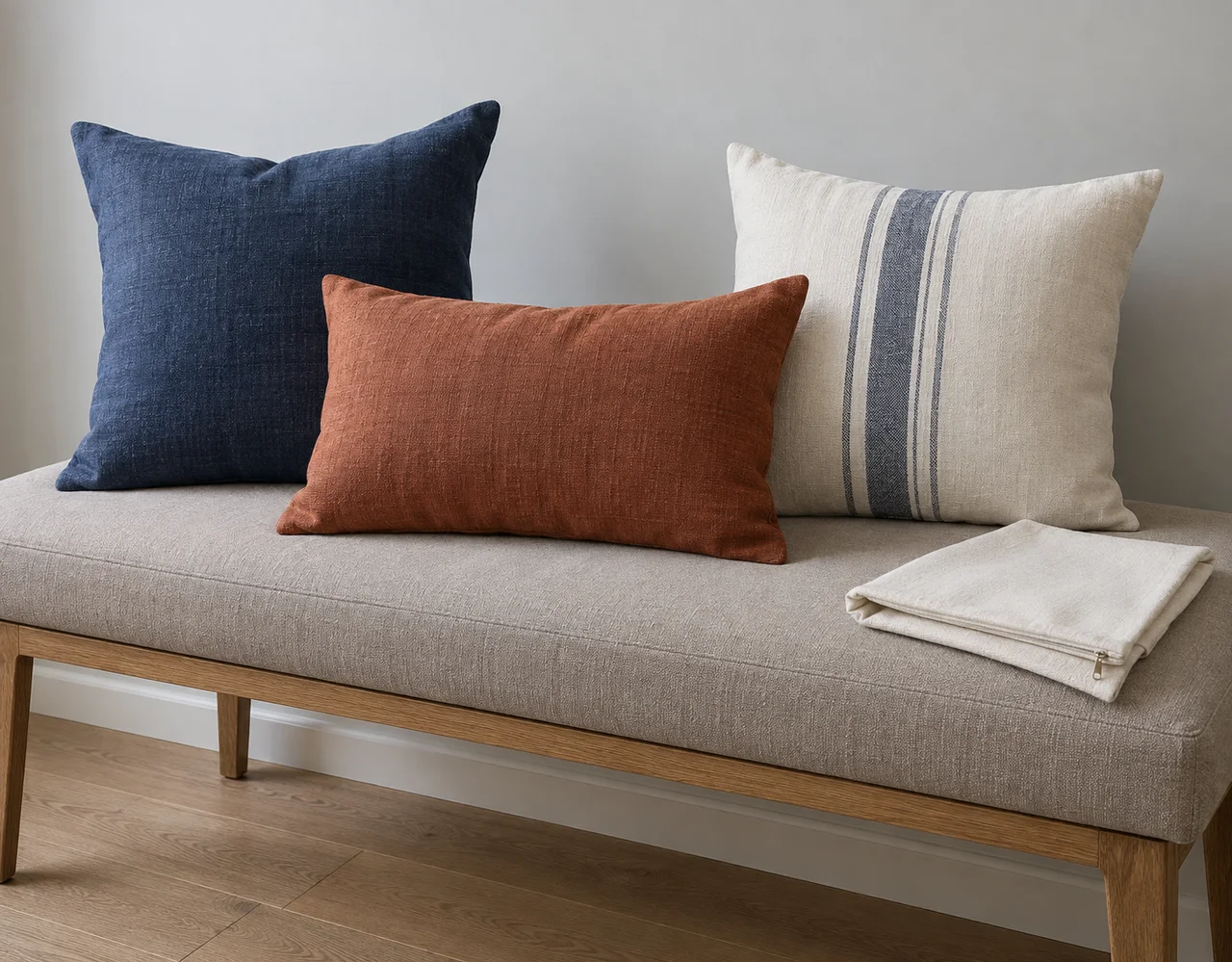 Indigo, rust and ivory cushion covers on an upholstered bench beside a folded zipped cover
