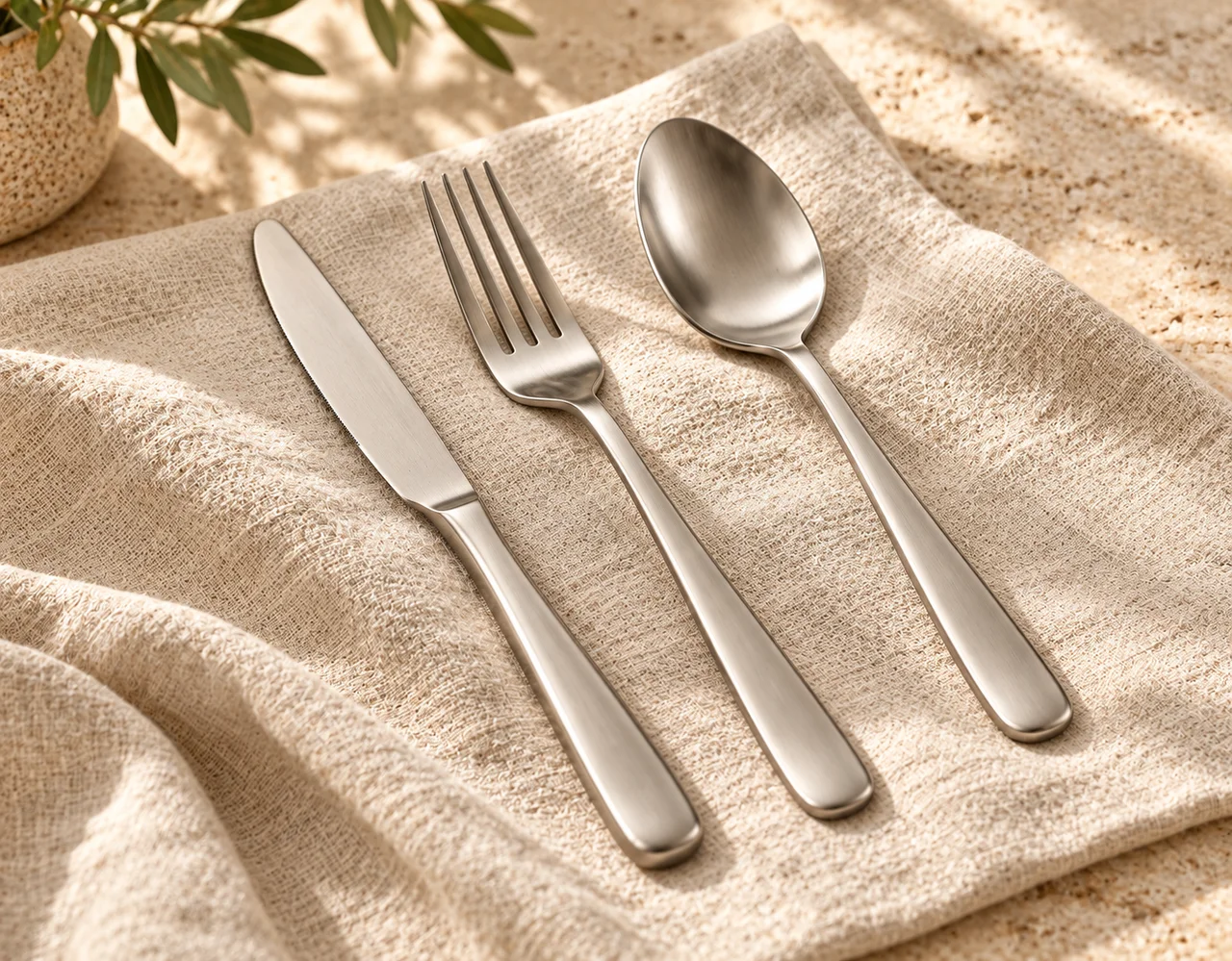 Cutlery sets in a warm neutral editorial setting