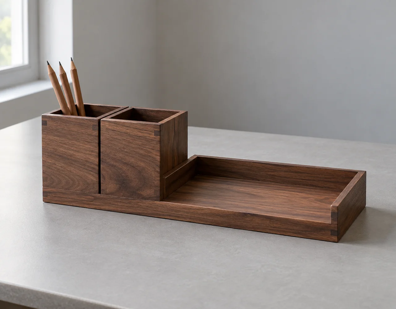 Dark-walnut desk organiser with two pen compartments and a shallow letter tray