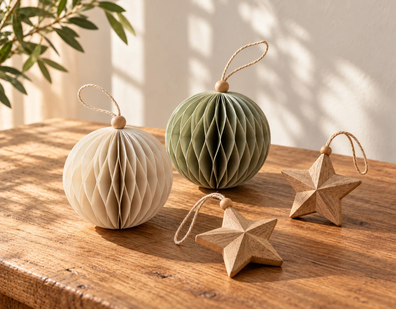 Paper honeycomb ornaments and wooden stars with hanging cords