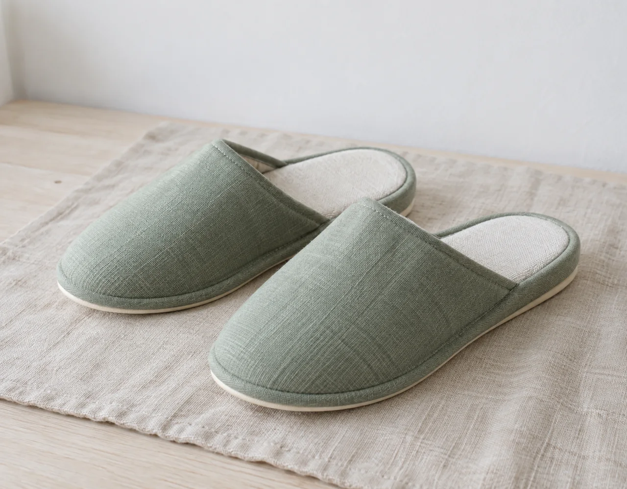 Matching muted-sage textile indoor slippers with ivory lining on linen