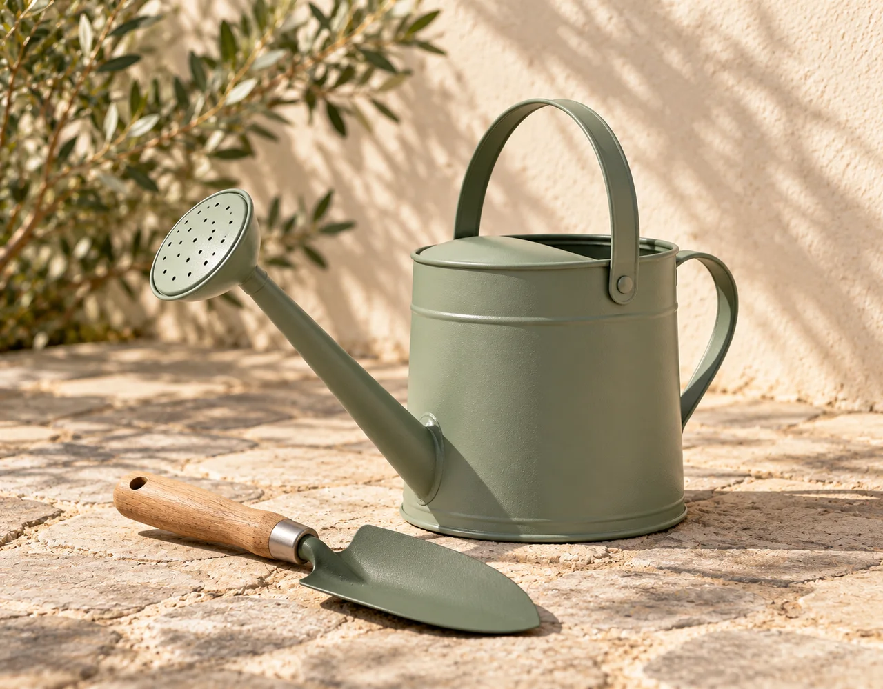 Sage metal watering can with a long spout beside a wooden-handled garden trowel