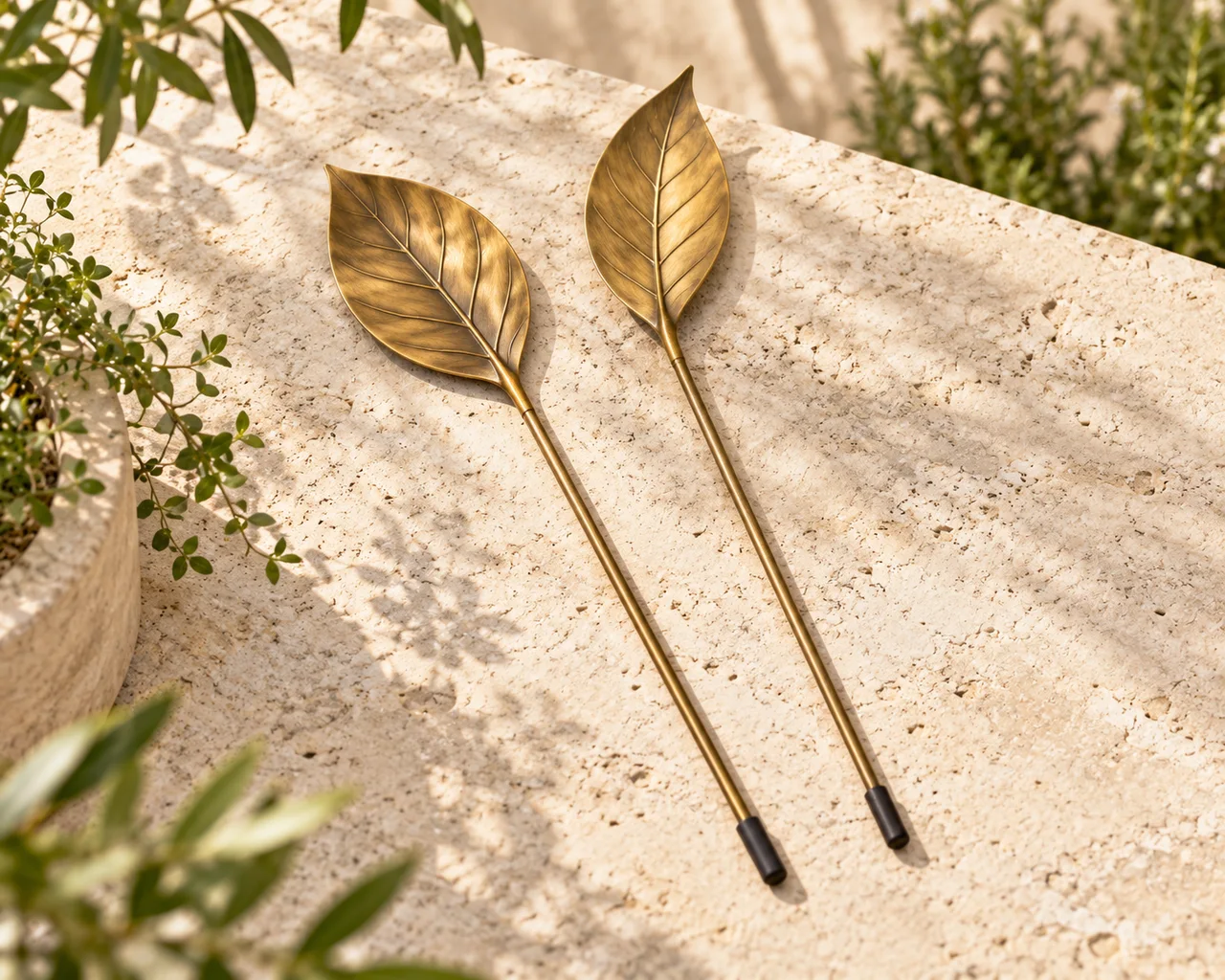 Decorative garden stakes in a warm neutral editorial setting