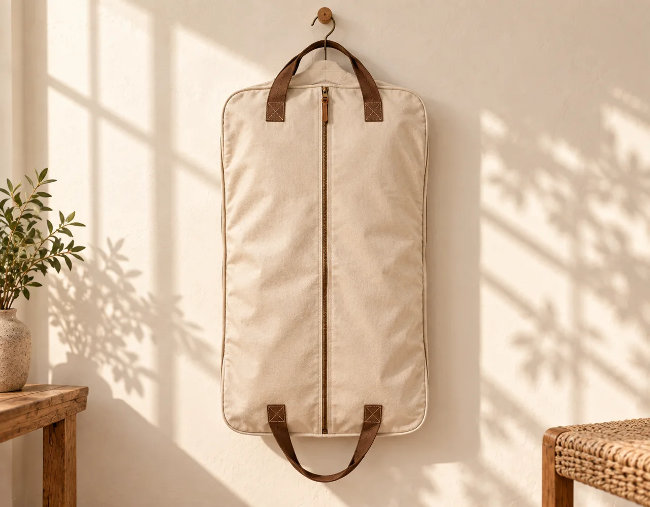 Travel garment bags in a warm neutral editorial setting