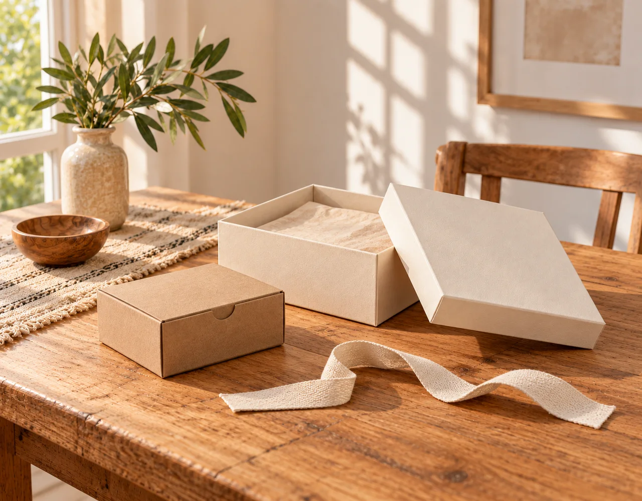 Plain ivory rigid gift box with lid and insert beside a kraft carton and ribbon