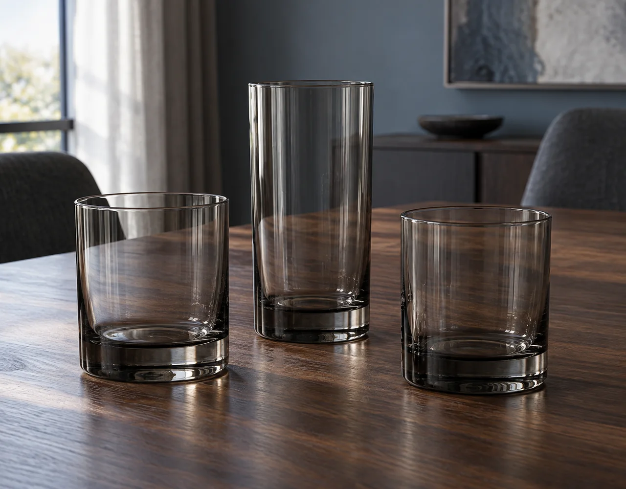 Three smoke-tinted drinking glasses with weighted bases on a walnut table