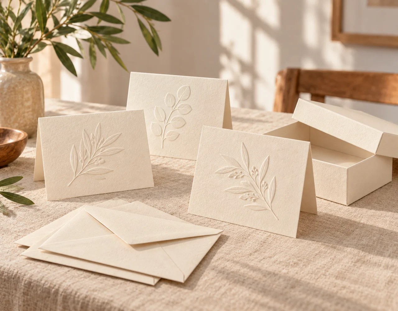 Greeting-card sets in a warm neutral editorial setting
