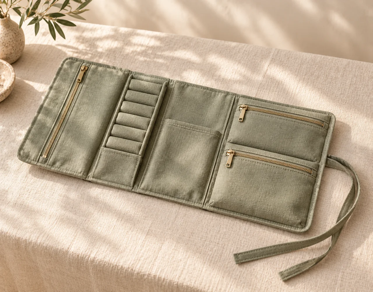 Jewellery rolls & organisers in a warm neutral editorial setting