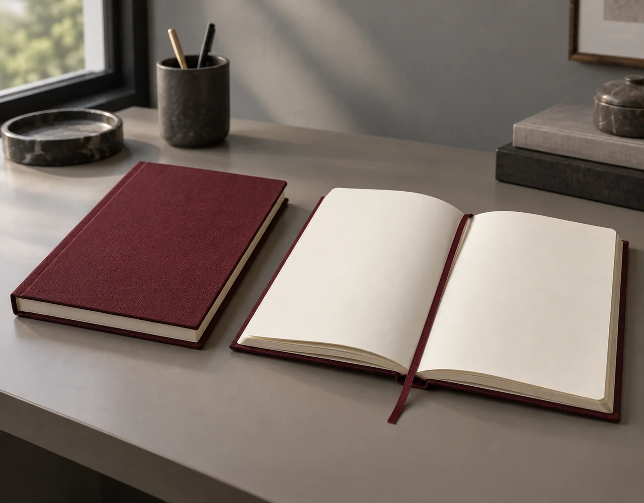 Burgundy cloth-bound notebook and open journal with blank cream pages