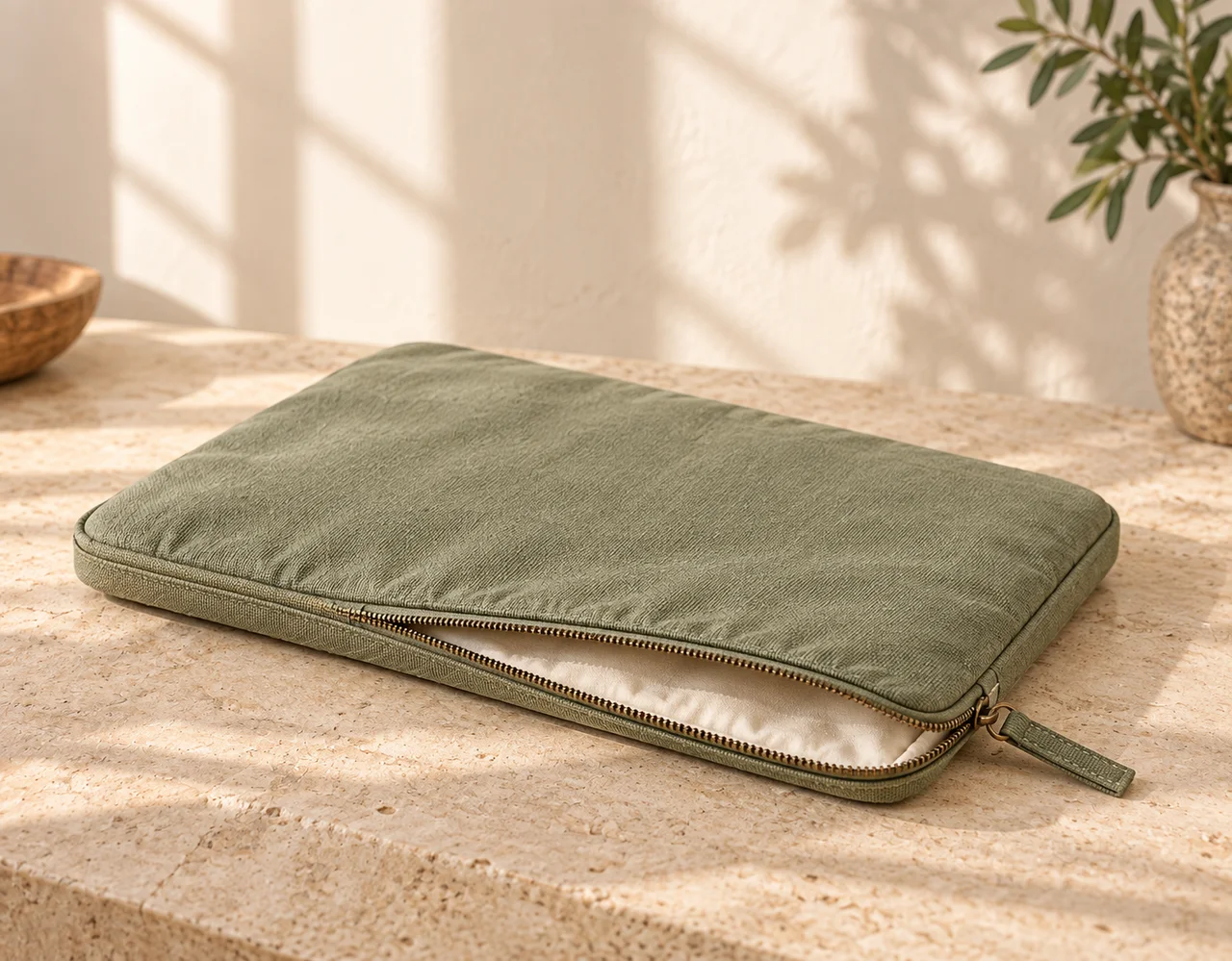 Laptop sleeves in a warm neutral editorial setting