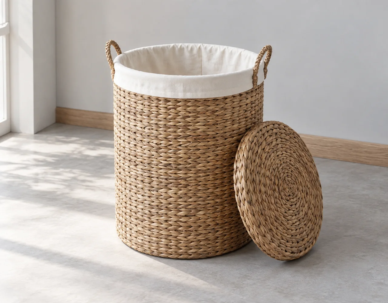 Woven laundry hamper with ivory liner and a separate lid resting on the floor