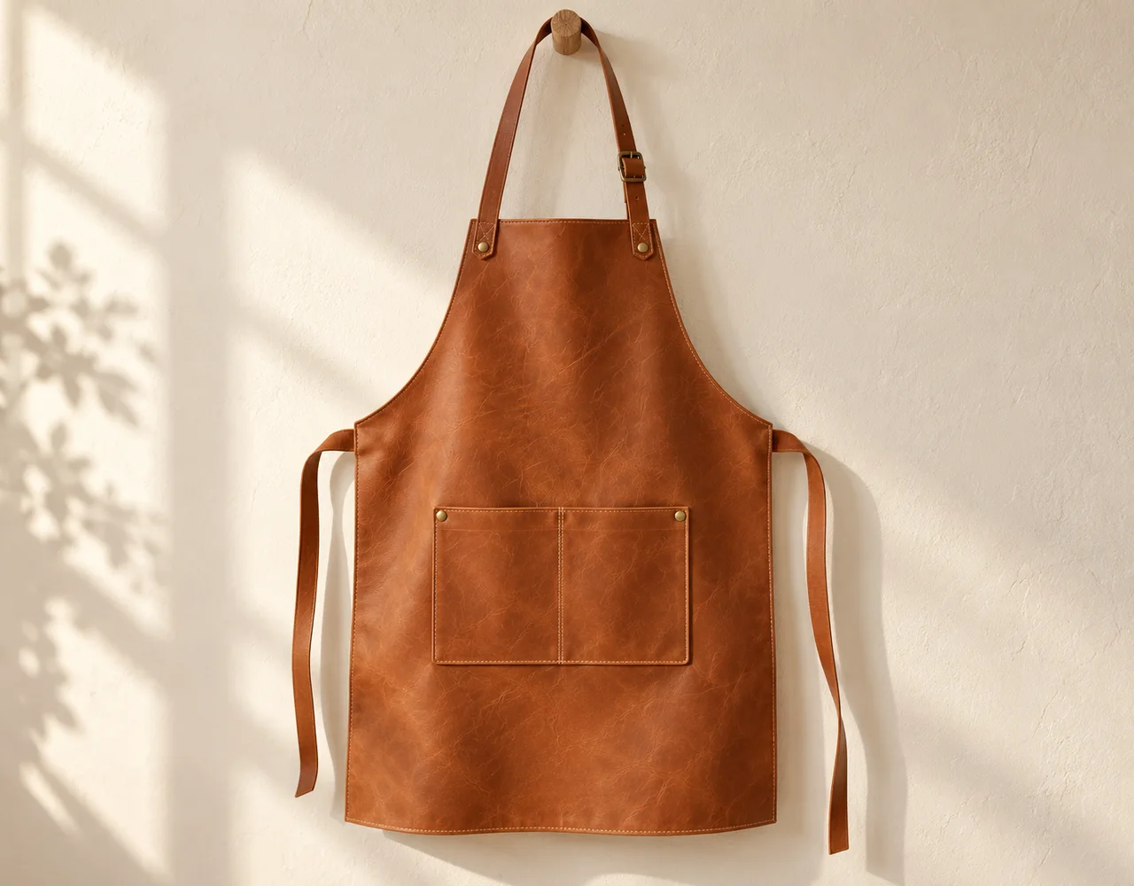 Tan leather apron with adjustable neck strap, utility pocket and waist ties